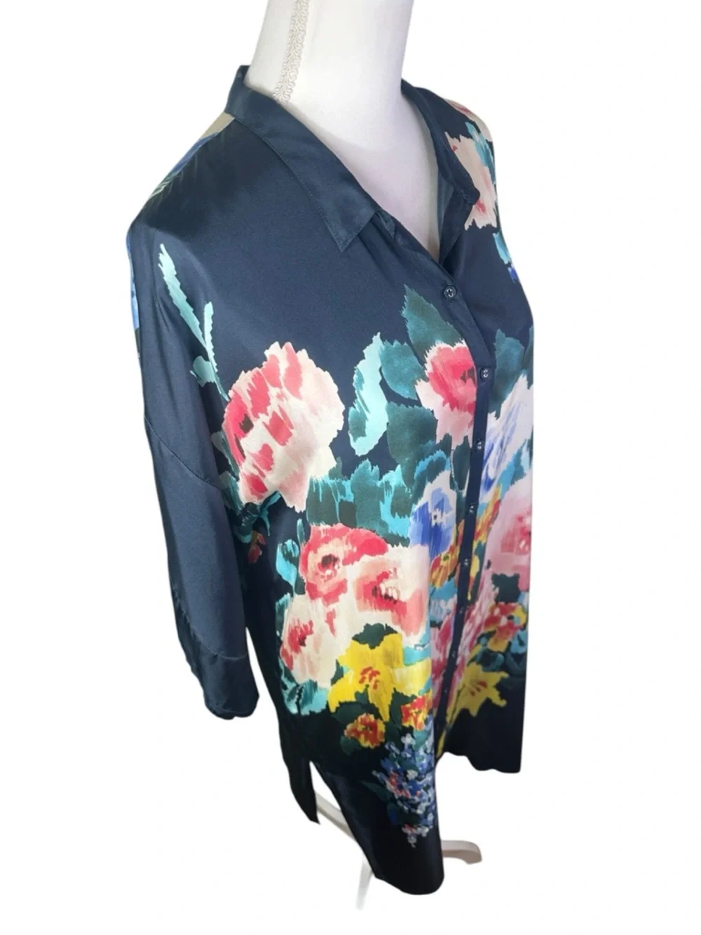 Johnny Was Malani Silk Floral Button Front Tunic Blouse S Blue Multicolor Boho - Picture 7 of 11